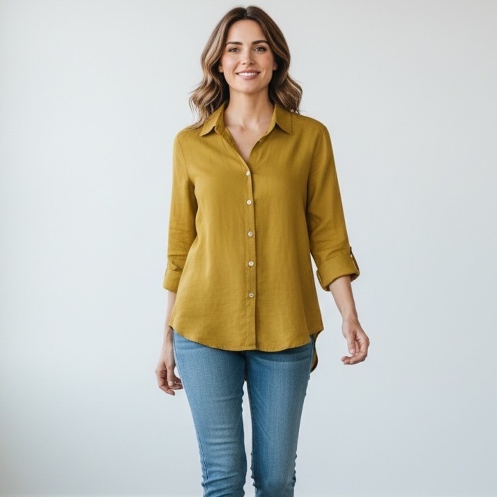 Vintage Lagenlook Top M Button Tencel Lyocell Shirt Arty Yellow-Green Chartreuse